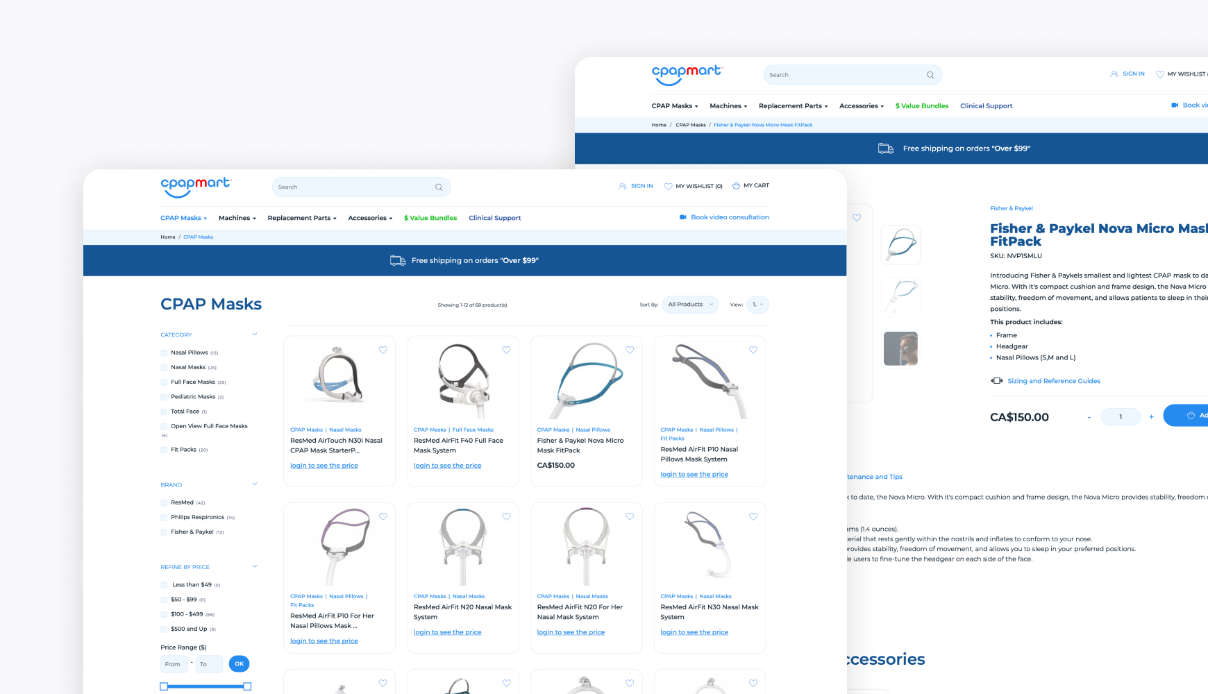 Types of software development web development example showing CPAP mask e-commerce website with product catalog, filtering options, and detailed product pages