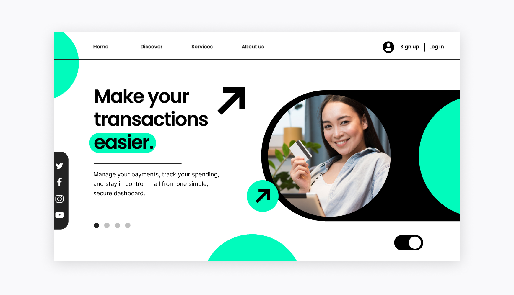 E-commerce website homepage showing transaction management features with a woman holding a credit card, illustrating how e-commerce types of websites facilitate online purchases and payment management.