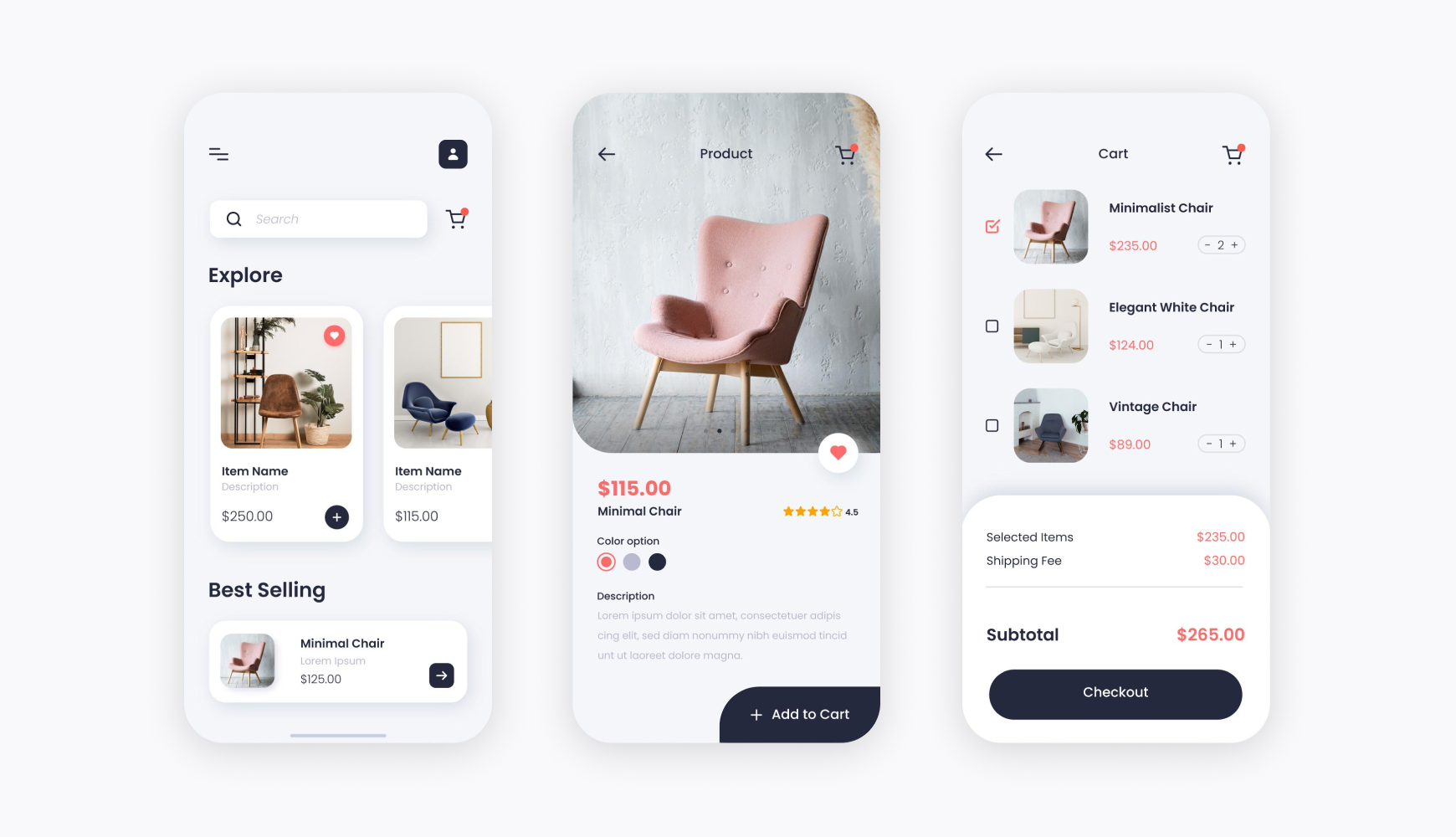 Types of software development mobile app development example displaying furniture shopping application with product browsing, item details, and shopping cart interface