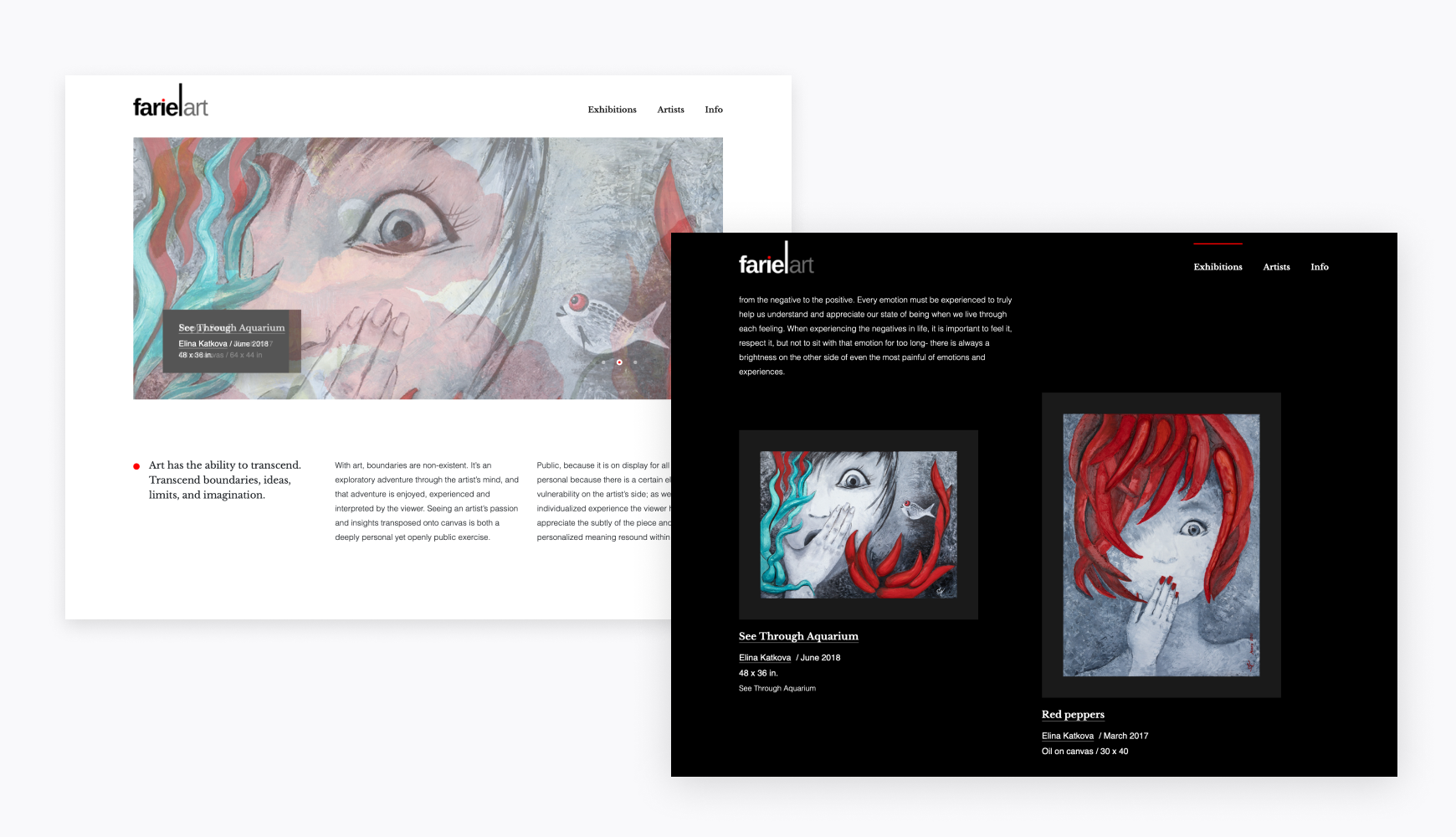 Portfolio website for Fariel Art gallery showcasing artwork exhibitions, demonstrating how portfolio types of websites effectively display creative work with visual galleries and artist information.
