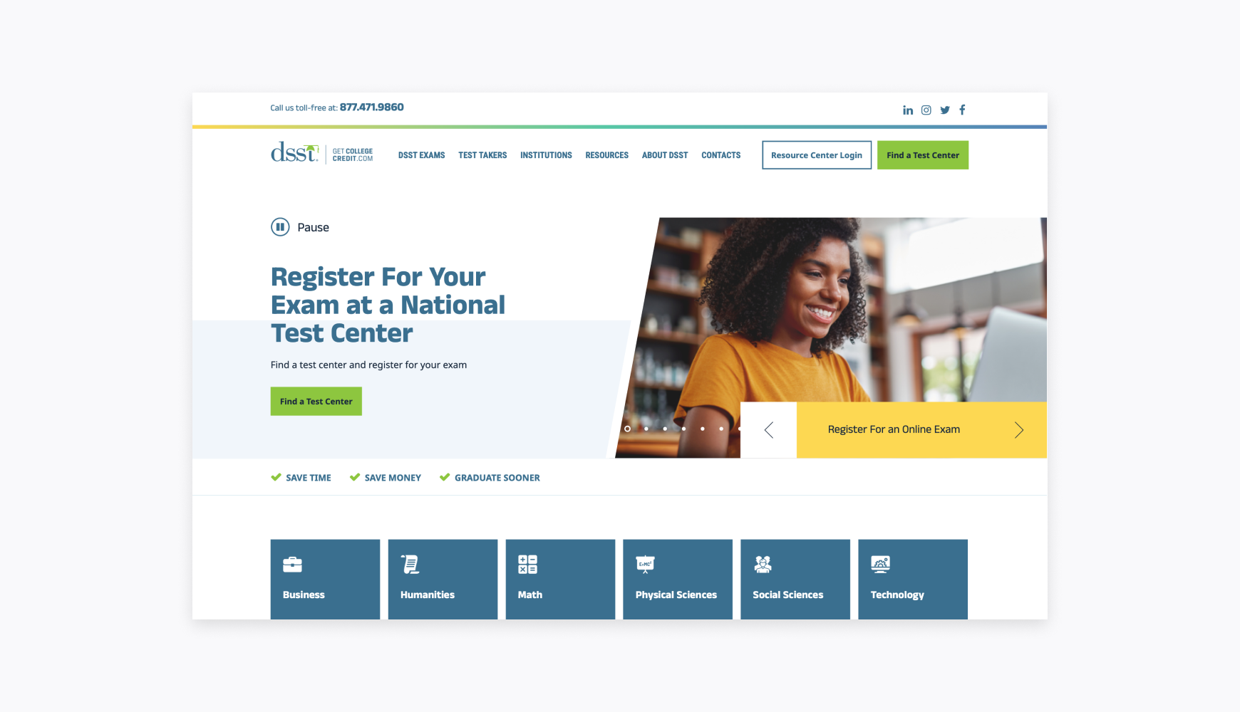 Educational website for DSST exam registration showing course categories and testing information, illustrating how educational types of websites organize learning resources and registration systems for students.