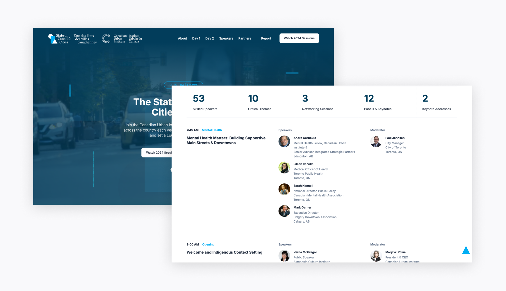 Event website for 'State of Canada's Cities' conference showing schedule, speakers, and session details, exemplifying how event types of websites organize timelines and participant information for attendees.