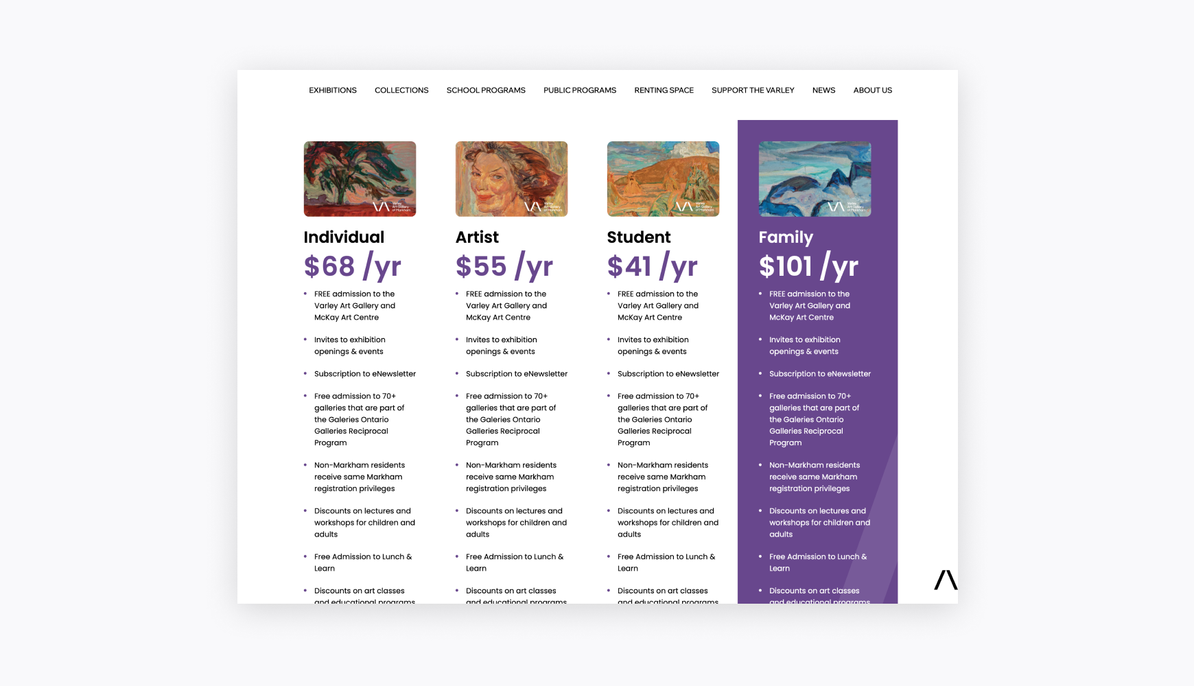 Subscription and membership website for an art gallery showing different membership tiers and benefits, illustrating how subscription types of websites organize premium content access levels with recurring payment options.