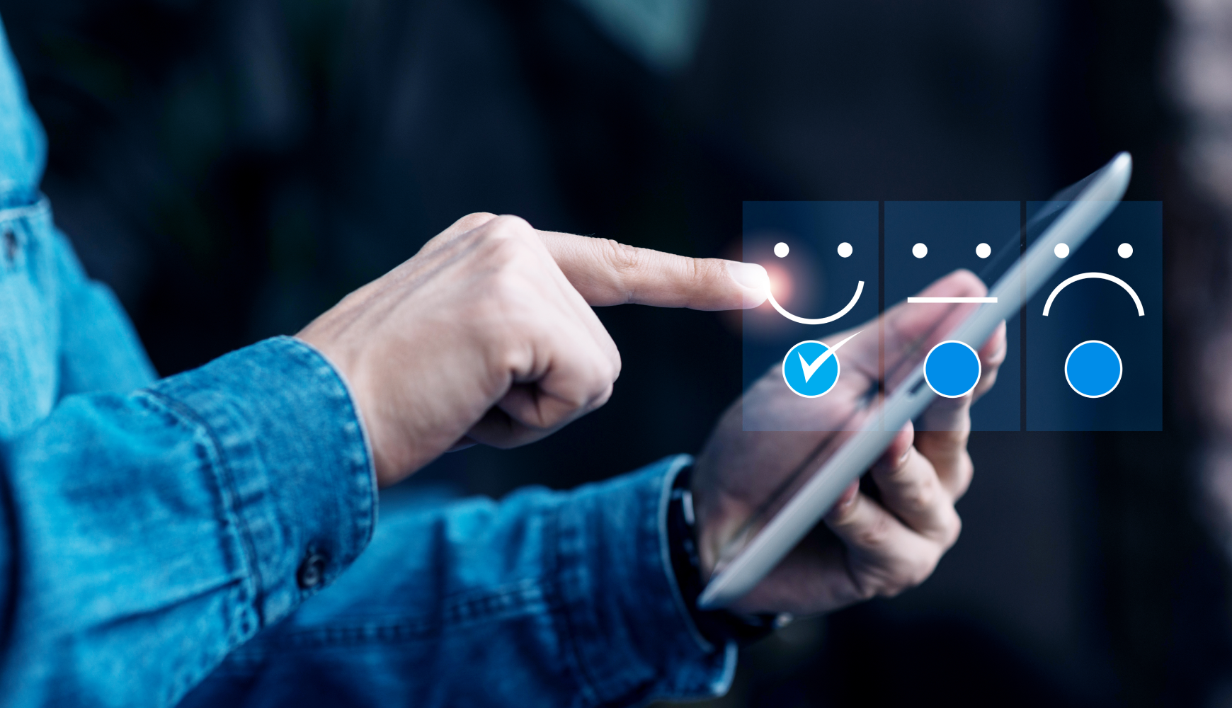 Business professional selecting positive feedback on mobile device showing benefits of integrated payments for improved customer satisfaction
