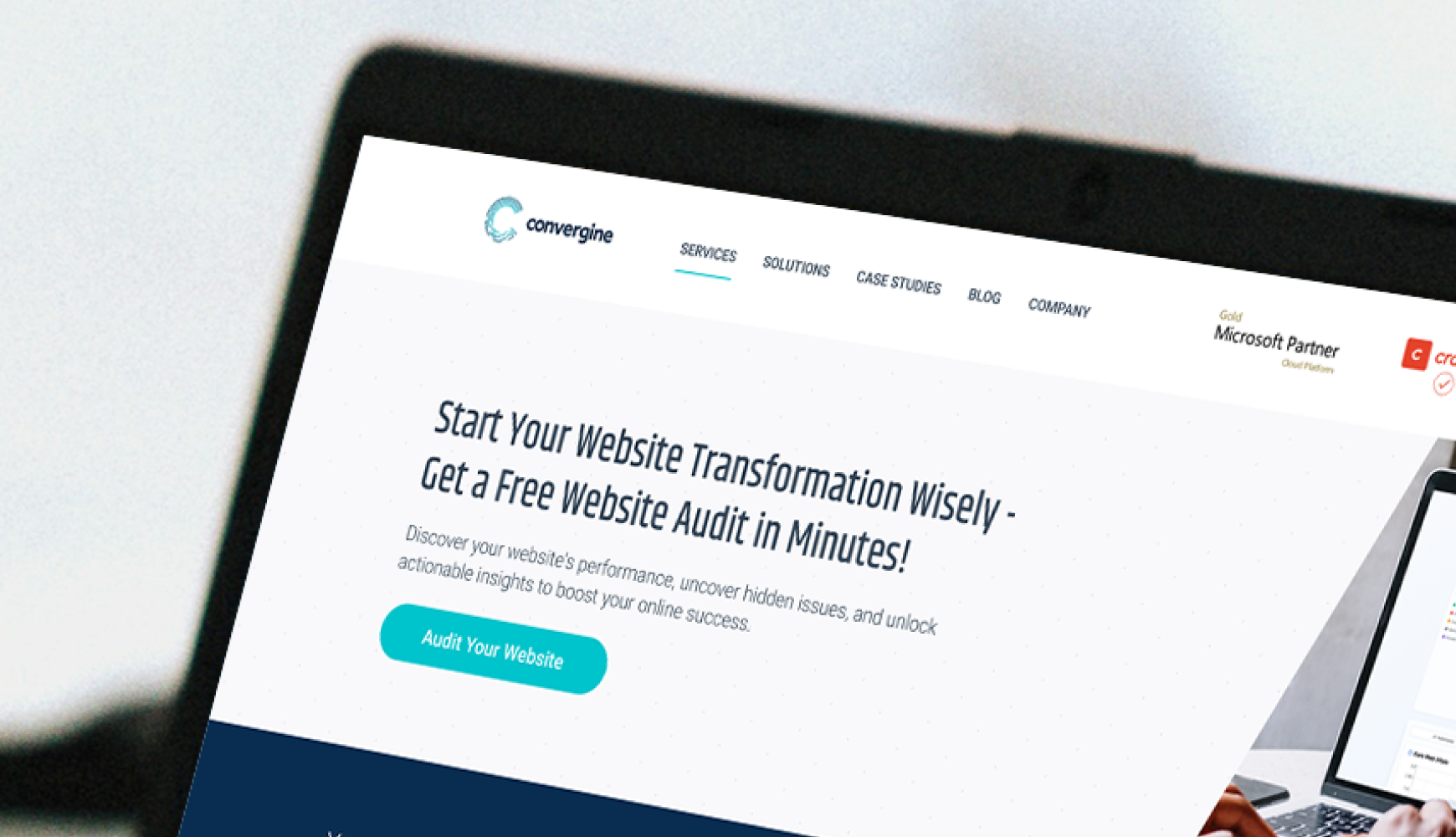 Convergine website offering a free website health audit with a call-to-action to assess performance and uncover hidden issues.