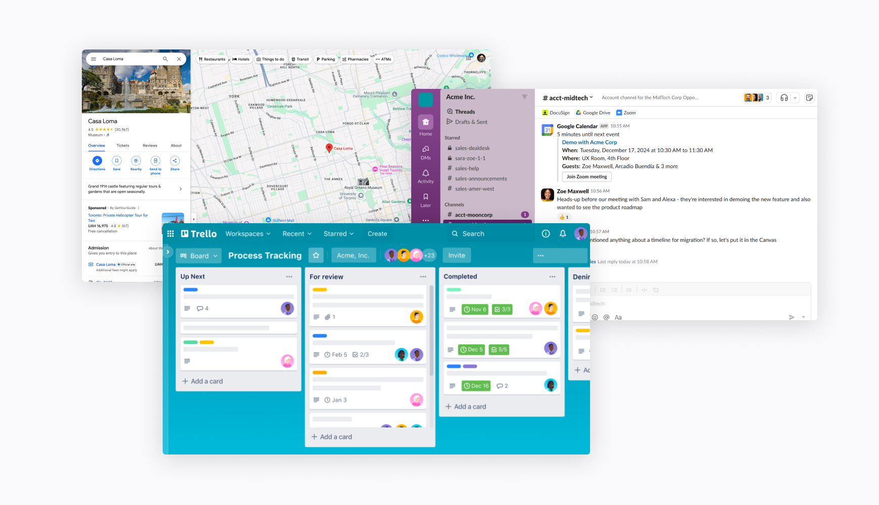 Single page application examples including Google Maps, Slack, and Trello demonstrating seamless user interfaces without page reloads