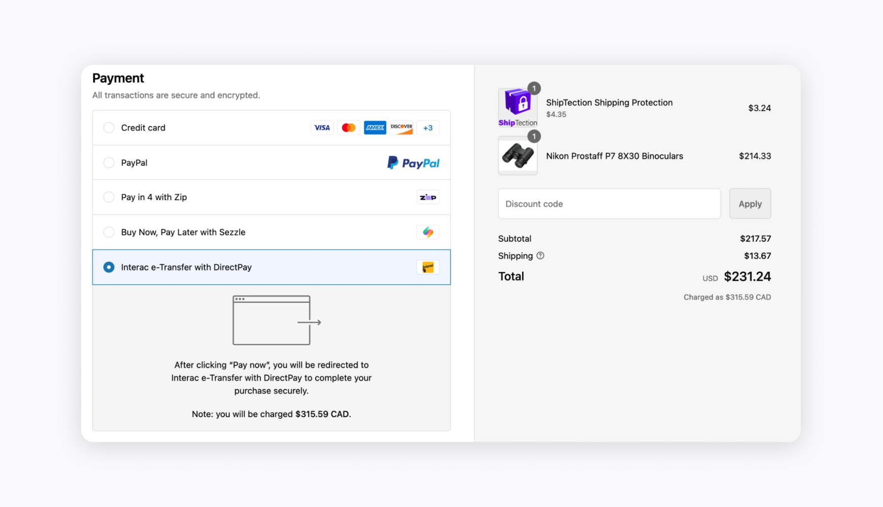 E-commerce integrated payments example showing multiple payment options including credit cards, PayPal, and buy-now-pay-later services in checkout
