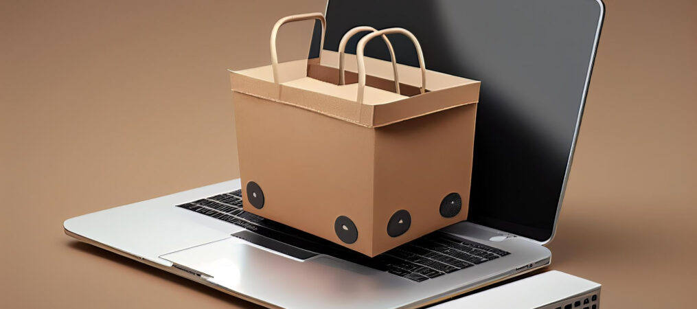 Shopping box with a laptop showcased on an Ecommerce Store