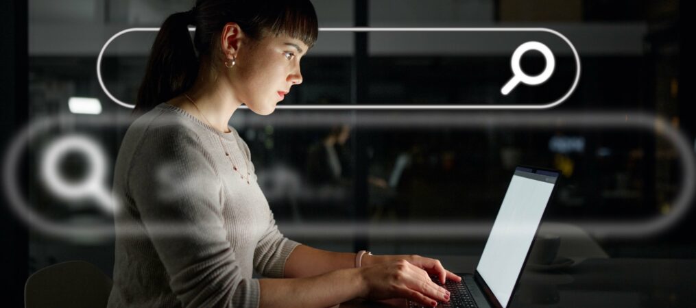 Night overlay woman typing research web design internet website online laptop office digital iot employee reading seo information overtime dark workplace big data