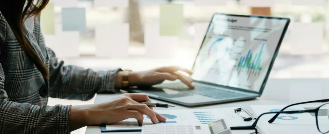 Accounting Data Sources and Analytics Integration - Bookkeeper financial inspector hands making analyst report