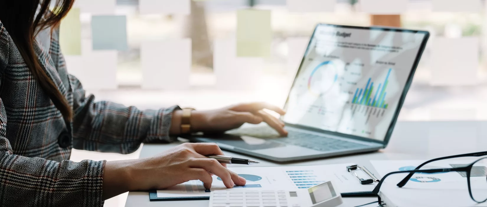 Accounting Data Sources and Analytics Integration - Bookkeeper financial inspector hands making analyst report
