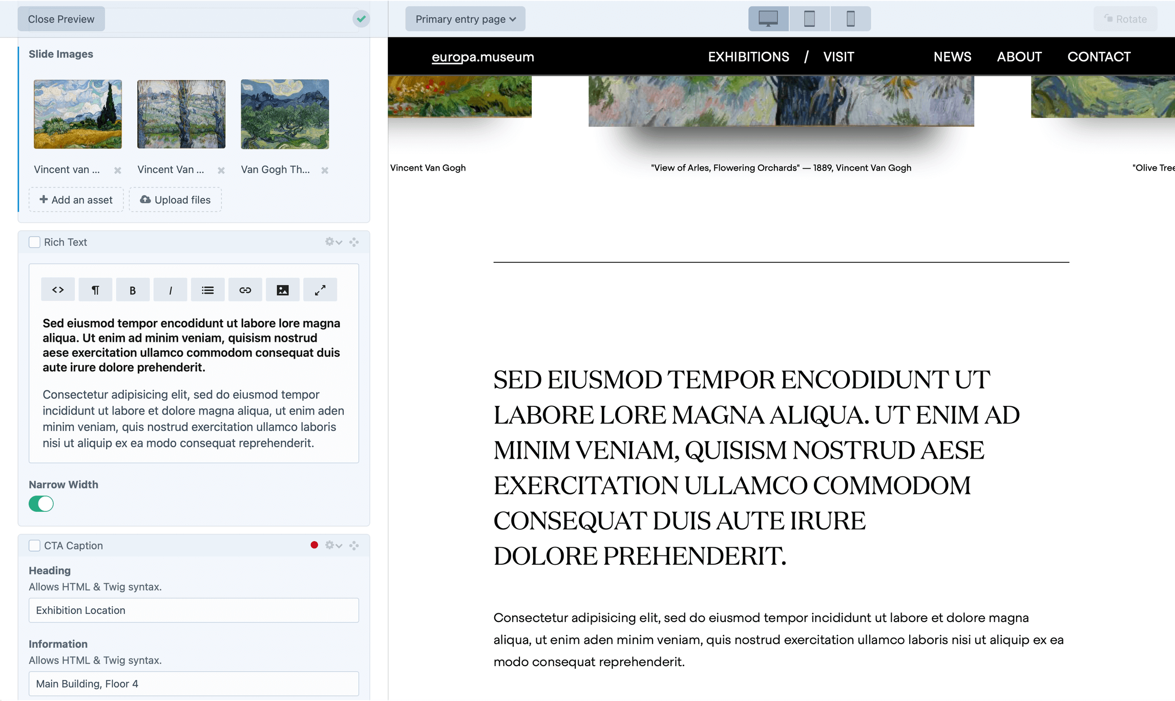Image of the craft cms editor, highlighting the digital infrastructure of a modern company and its content management capabilities.