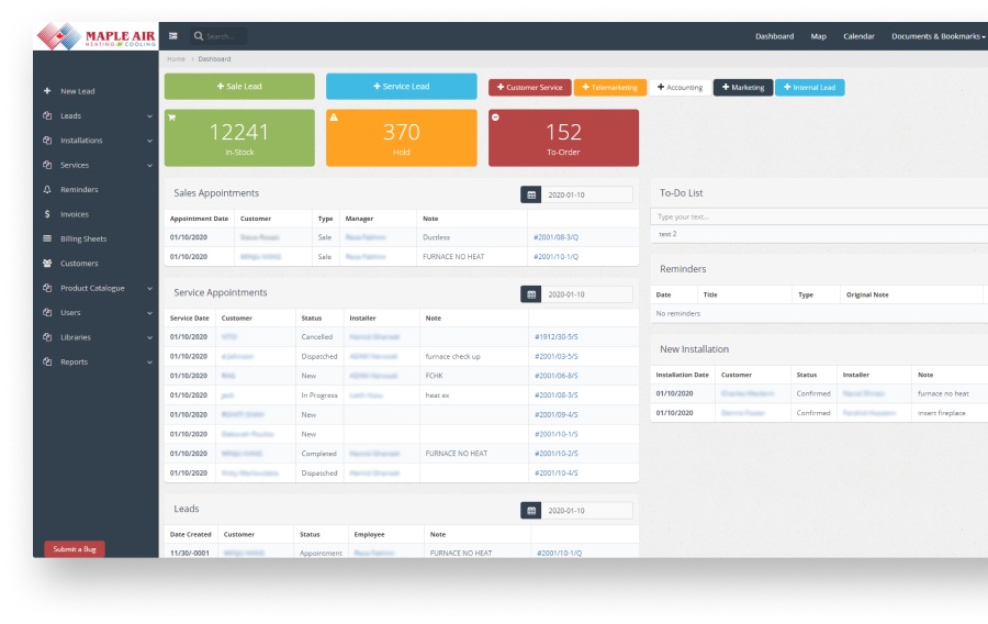 The dashboard of Maple Air featuring several screens, illustrating diverse metrics and interactive components for user engagement.