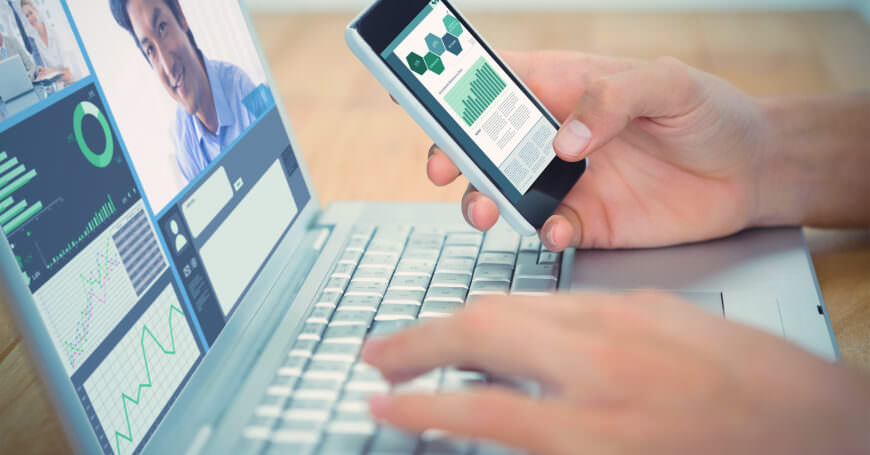 A person engages with a smartphone and laptop, accessing an online patient portal for health management.