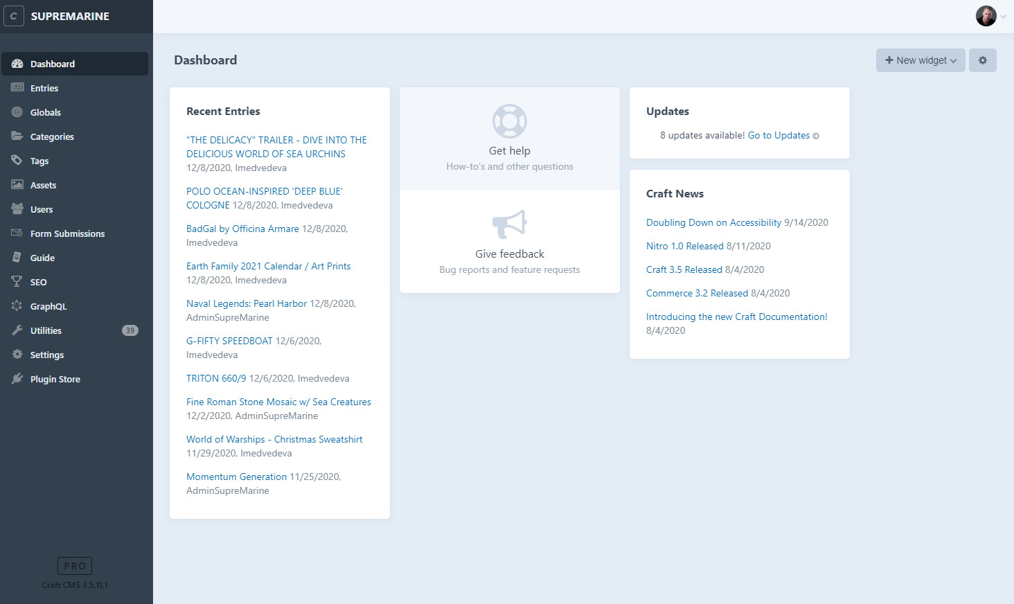 A website dashboard displaying various items, highlighting the benefits of Craft CMS for efficient content management.